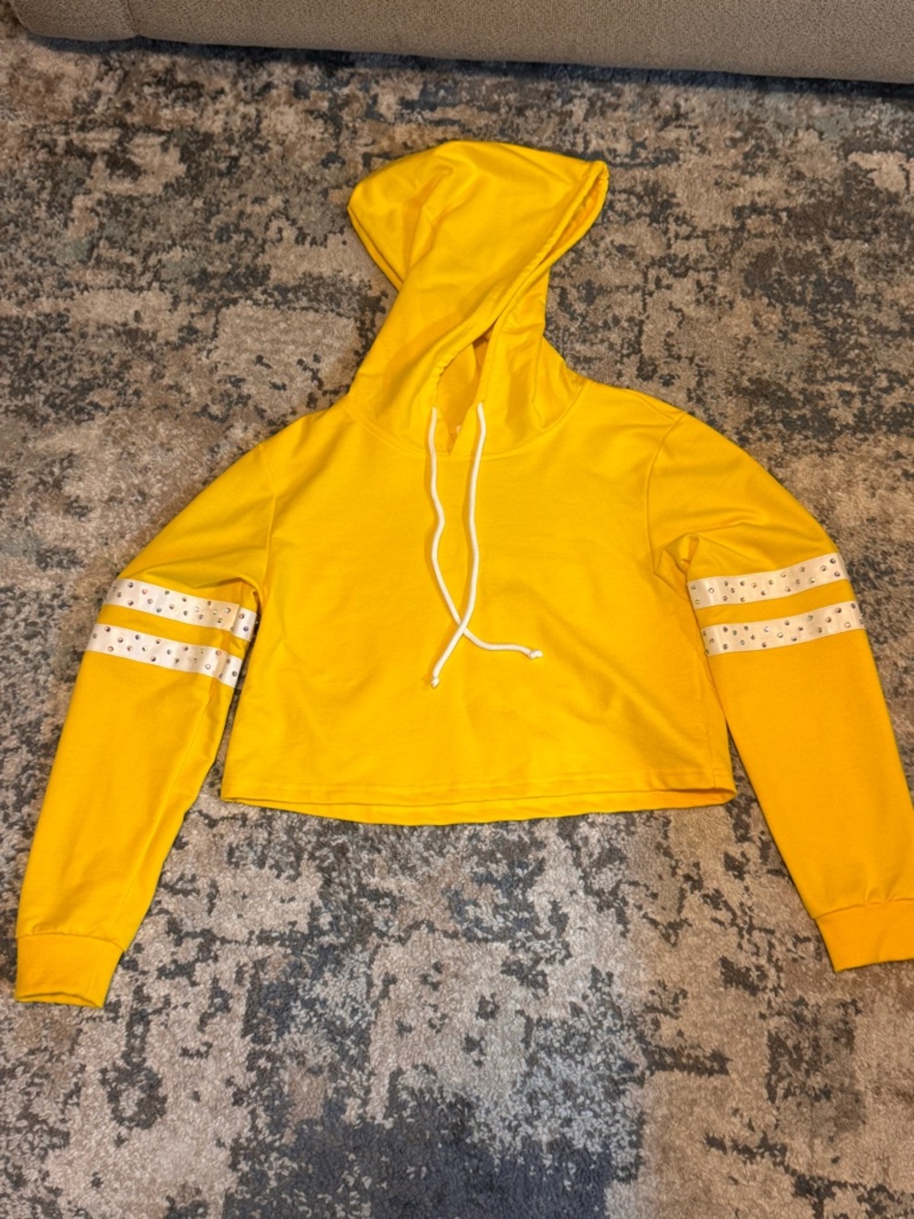 Yellow Cropped Hoodie with Striped Sleeve Detail